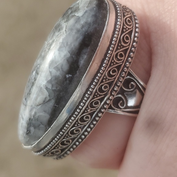 New Oversized Orthoceras Fossil Antique Design 925 Silver Statement Ring. - Picture 1 of 14